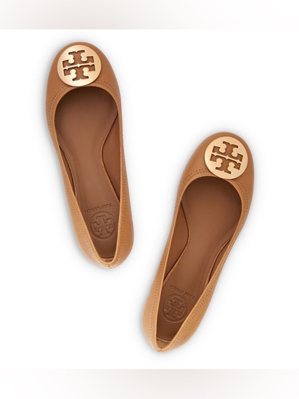 Tory Burch Caramel Leather Ballet Flats with Gold Logo
